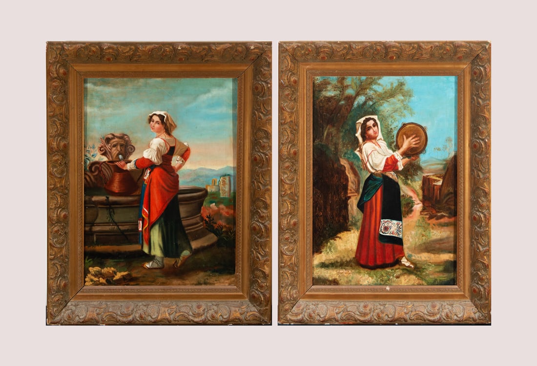 Drummer Girl and Girl at a Fountain, 19th century Italian school: Pair of oil paintings on canvas, framed measurements: 90 x 72 cm, canvas measurements: 69 x 52 cm