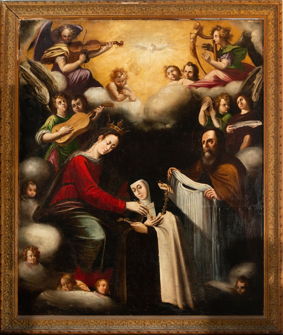 Saint Therèse Receiving the Rosary from the Virgin and Saint Joseph, Spanish Viceregal colonial: Oil on canvas, framed measurements: 176 x 146 cm, canvas measurements: 157 x 129 cm