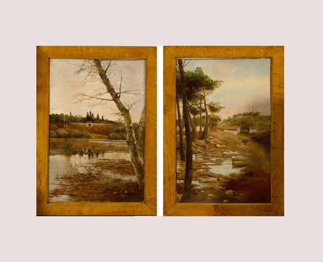 Pair of Landscapes, Sevillian school of the 19th century, signed Rodríguez: Oil on canvas, framed measurements: 73 x 51.5 cm, canvas measurements: 61 x 41 cm