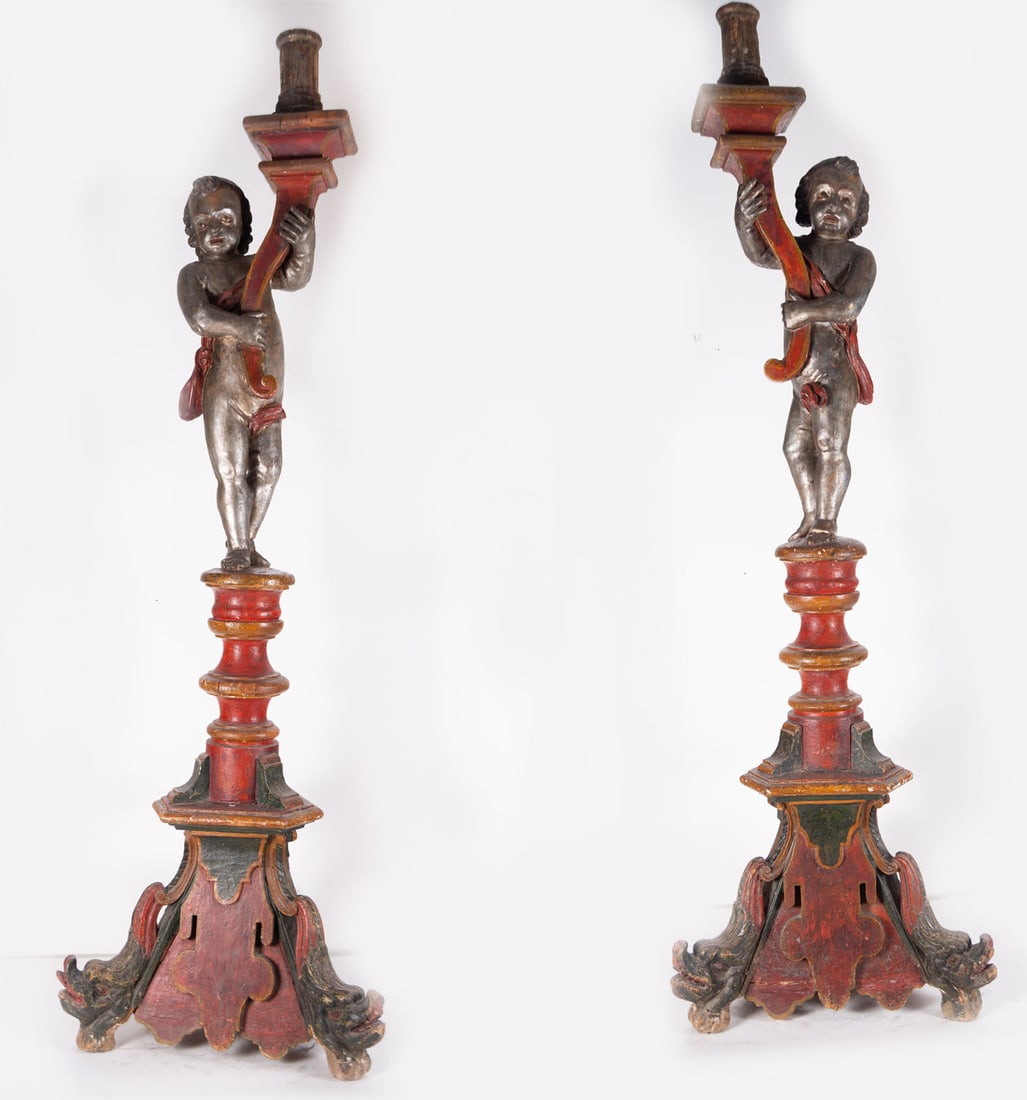 Pair of Large Torch Holders topped with Angels in polychrome wood and silver leaf, Spanish or: In carved, polychrome and gilded wood with silver leaf. Measurements each: 190 x 59 x 59