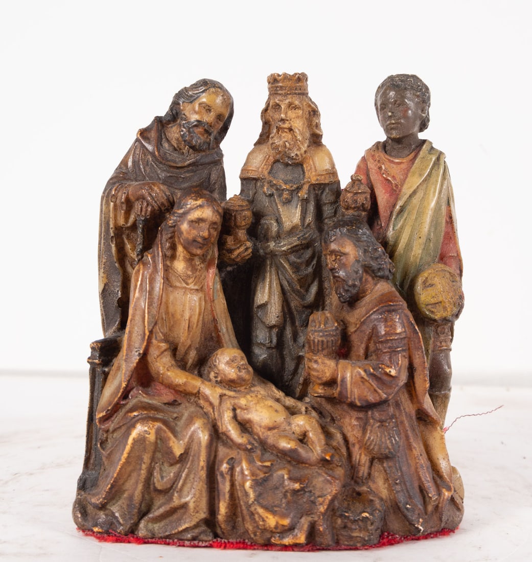 Adoration of the Kings, following Flemish Gothic models of the 15th century, Spanish school of the: In polychrome resin and gilded with gold leaf. Total measurements: 18 x 15 x 6 cm