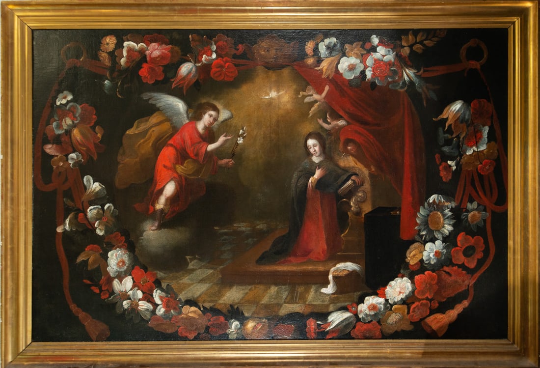 Annunciation of Mary in Flower Garland, Hispano-Flemish school of the 17th century: Oil on canvas, framed measurements: 179 x 122, canvas measurements: 166 x 106 cm