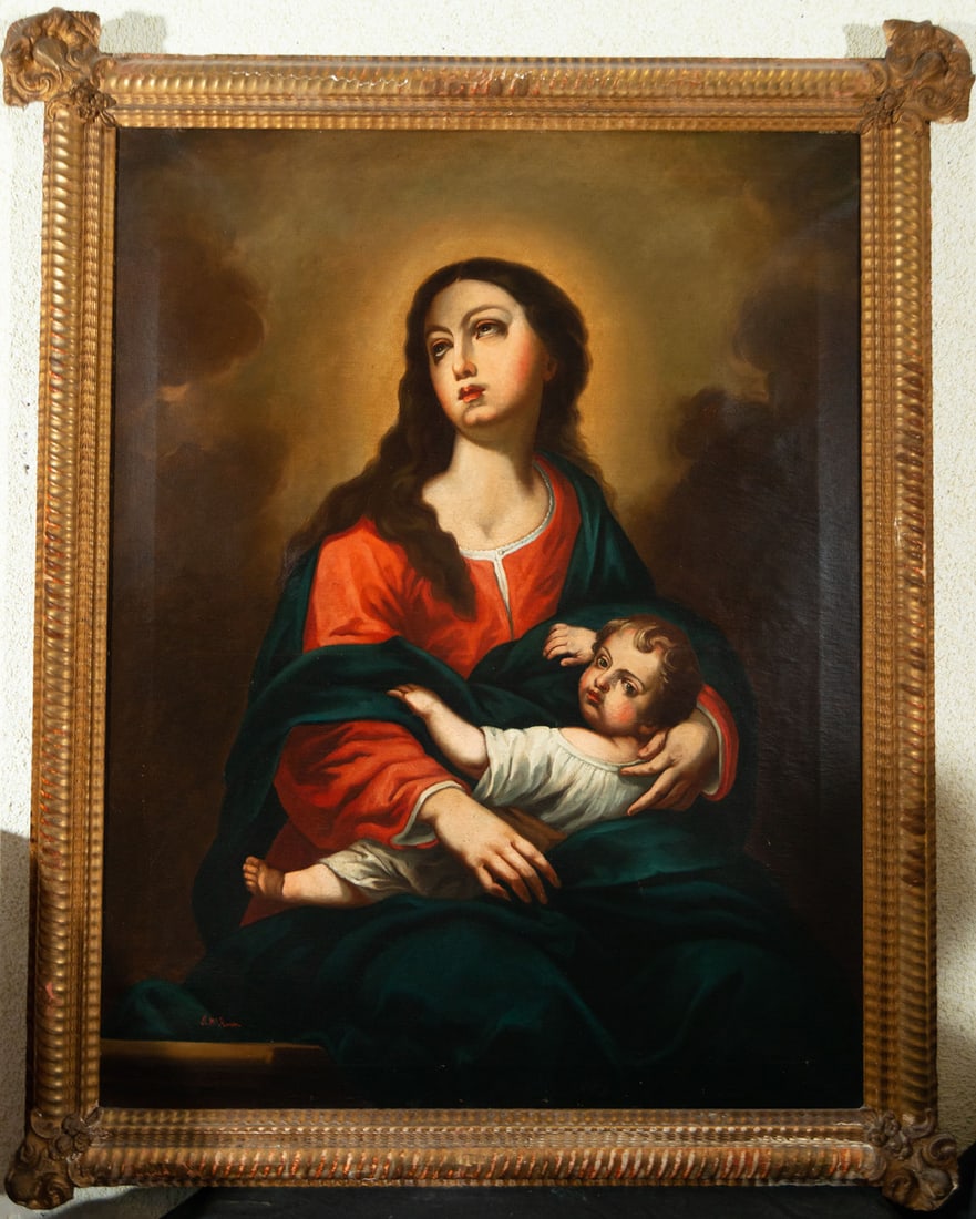 Virgin with Child in Arms, signed JM Romero, Cordoba school of the 19th century: Oil on canvas, framed measurements: 132 x 113, canvas measurements: 111 x 90 cm