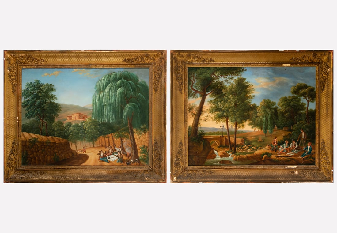 Pair of country scenes with hunters and peasants, Spanish school of the 19th century: Oil on canvas, framed measurements: 79 x 64, canvas measurements: 93 x 75 cm