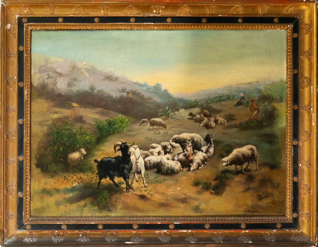 Pastoral scene, signed A. Fernández, 19th century Spanish school: Oil on canvas, framed measurements: 77 x 59, canvas measurements: 66 x 47 cm