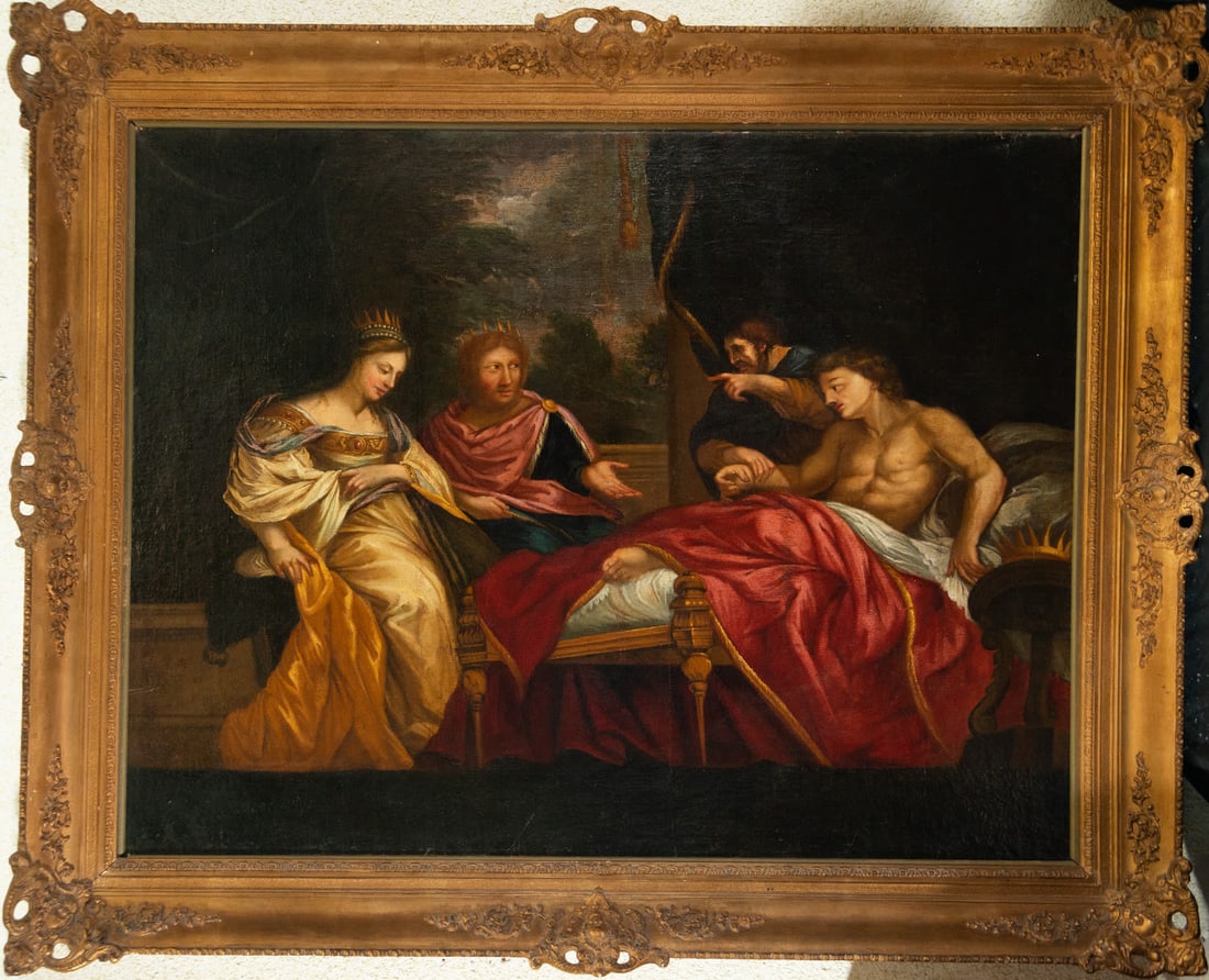 The Death of Marcus Antony and Cleopatra, 19th century Italian school: Oil on canvas, framed measurements: 132 x 107, canvas measurements: 116 x 87 cm