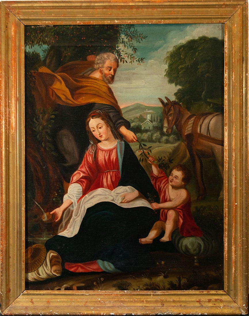 Holy Family at Rest on the Flight into Egypt, 19th century Italian school: Oil on canvas, framed measurements: 66 x 52, canvas measurements: 59 x 44 cm