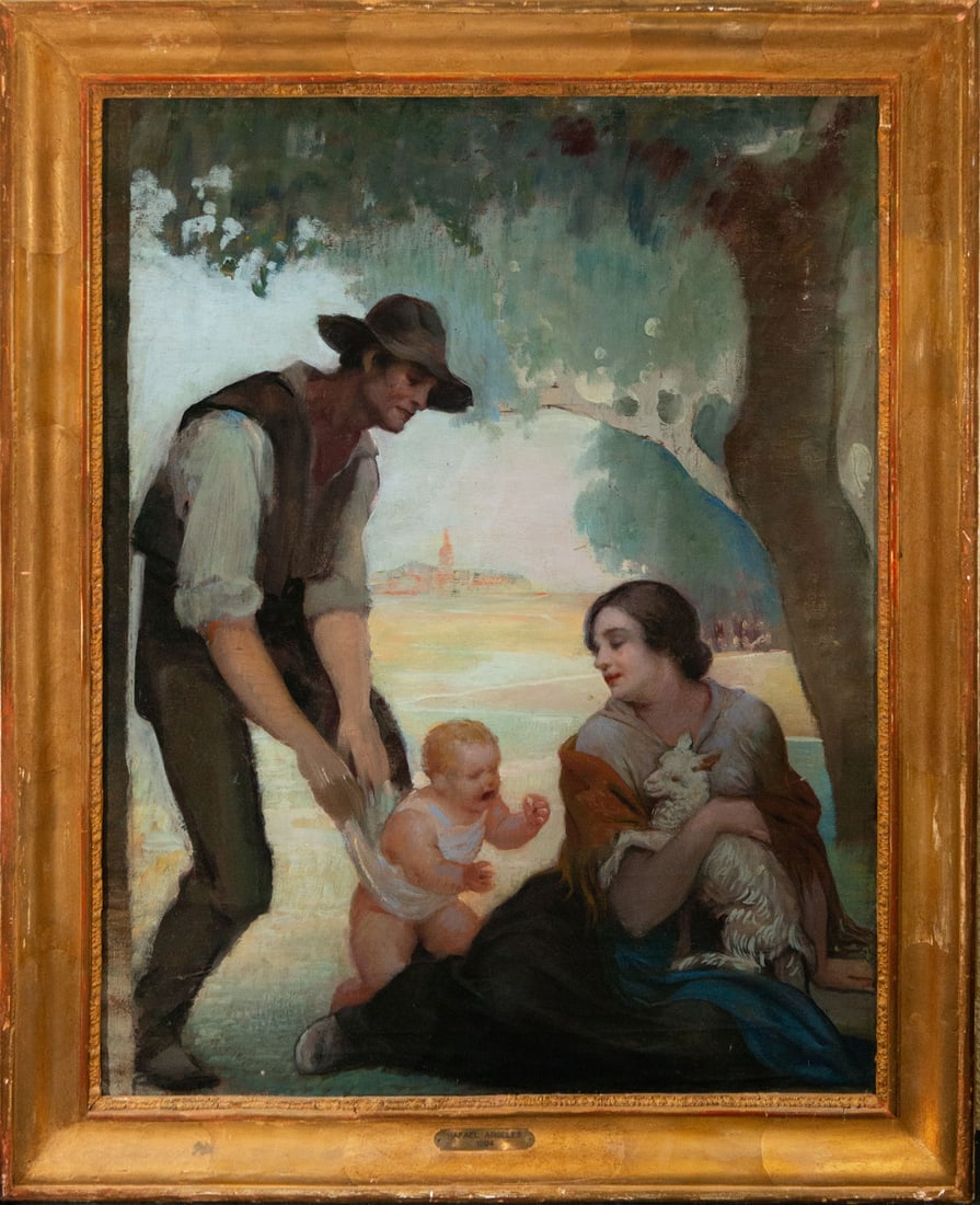 Family of Peasants, 19th century Spanish school, signed Argelles: Oil on canvas, framed measurements: 80 X 65, canvas measurements: 69 X 54 cm. With old label attributed to Rafael Argelles, 1854