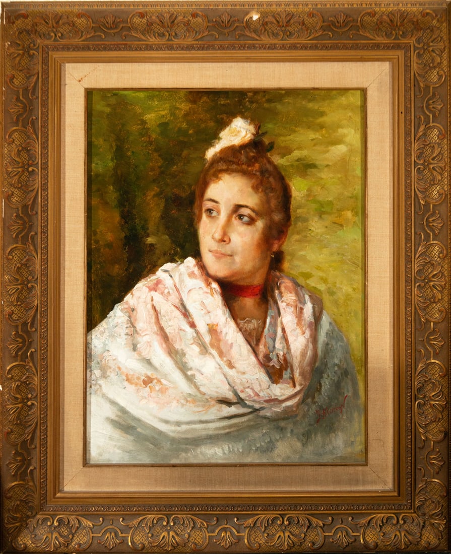 Portrait of Lady, 19th century Murcian school, signed J. Alarcón: Oil on canvas, framed measurements: 93 x 79, canvas measurements: 65 x 50 cm