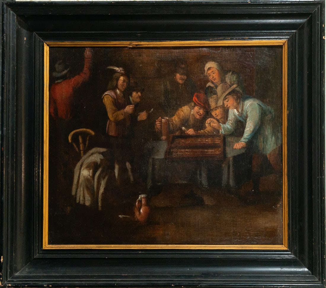 Tavern interior, 17th century Flemish school, circle of David Teniers II (Antwerp, 1638-Brussels,: Oil on canvas, framed measurements: 63 x 56, canvas measurements: 49 x 41 cm