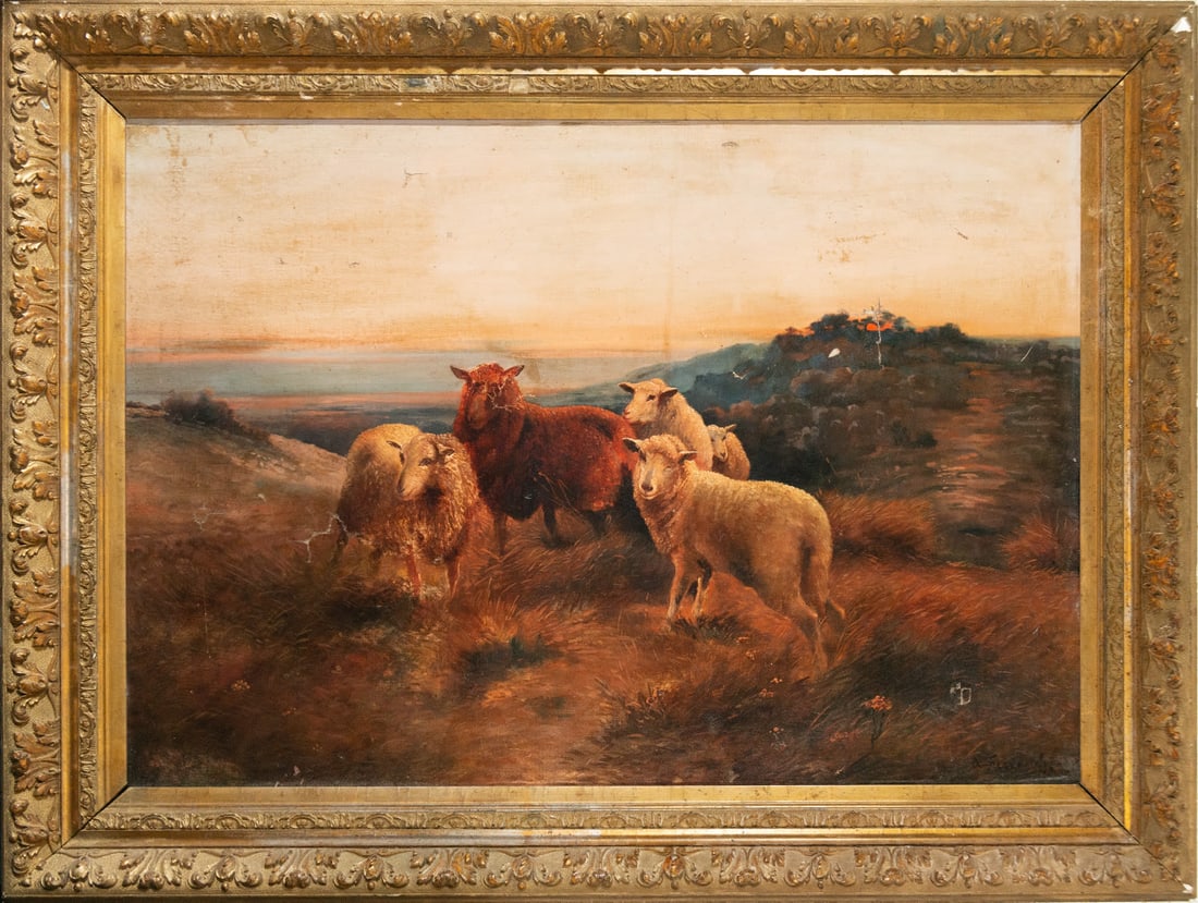 Landscape with sheep, 19th century Spanish school: Signed. Oil on canvas, framed measurements: 112 x 84, canvas measurements: 92 x 65 cm