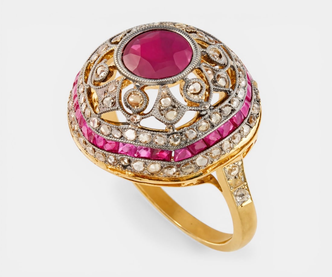 Ring with certified natural Burmese ruby ??of approx. 1 ct, square cut rubies of approx. 0.70 ct (1 of 1)