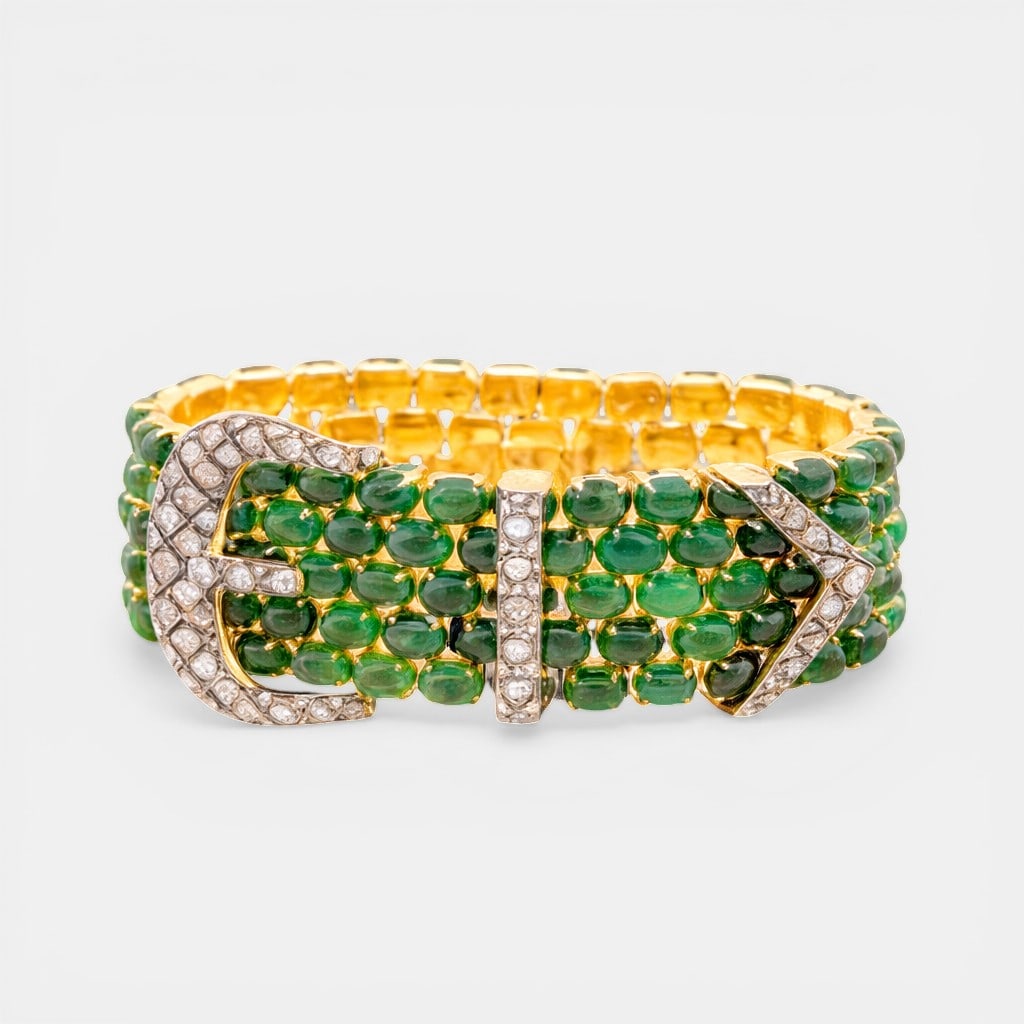 Bracelet with natural emeralds of approx. 100 ct or more and rose cut diamonds of 3.50 ct in total. (1 of 2)
