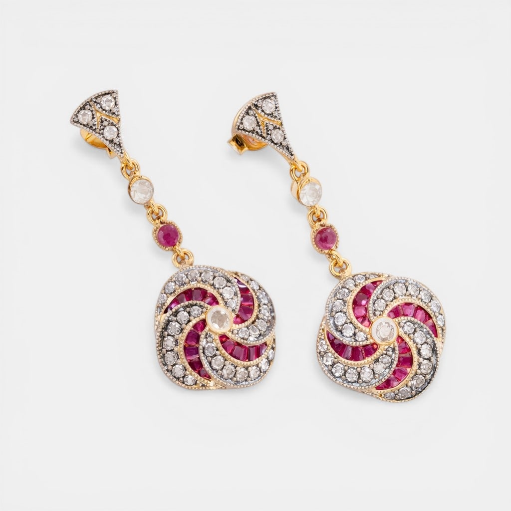Earrings with natural rubies of approx. 1.05 ct, moonstones of approx. 0.20 ct and rose cut diamonds (1 of 1)