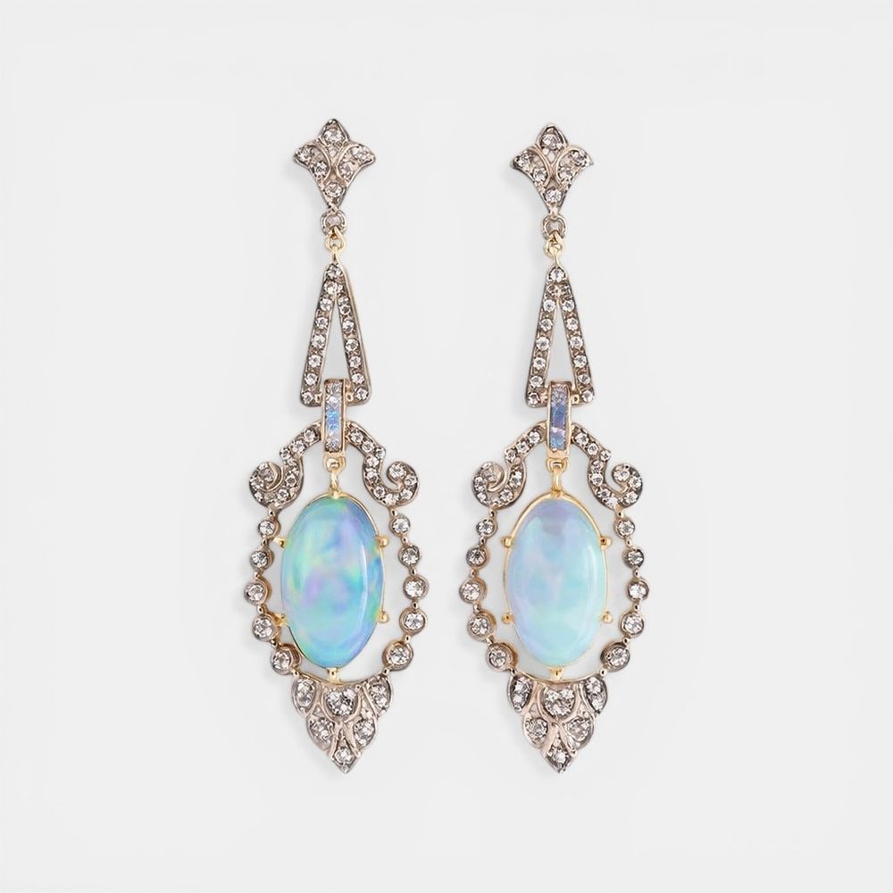 Earrings with rose cut diamonds of approx. 2 ct, opals of approx. 12-15 ct and sapphires of approx. (1 of 1)