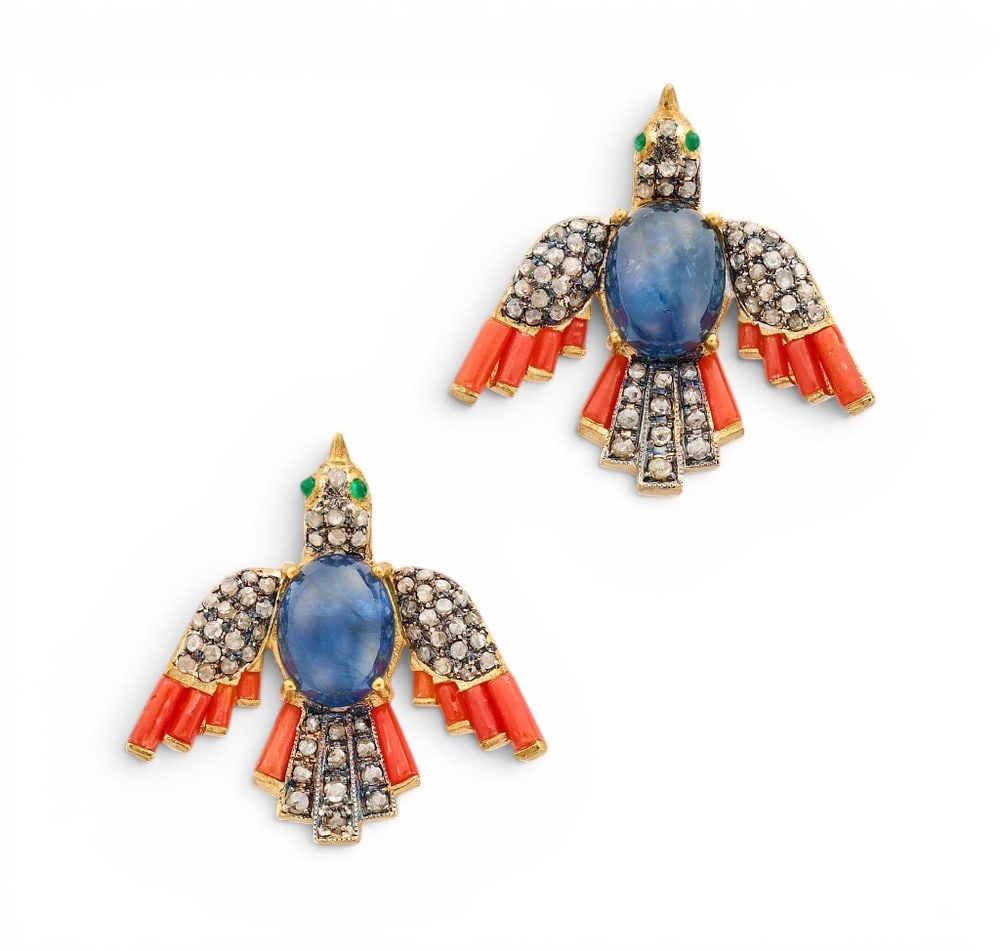 Pair of bird-shaped earrings with sapphires, coral and diamonds: A pair of silver earrings with a gilt finish, designed in a figurative bird motif and embellished with colored stones and rose-cut diamonds. The piece incorporates 112 rose-cut diamonds with a combine