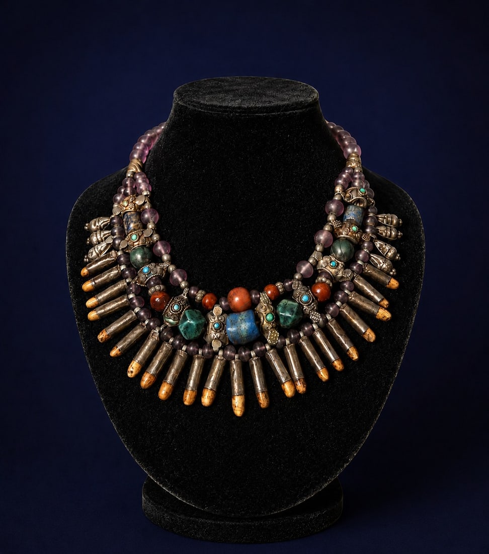 Large Tribal necklace in silver and semiprecious stones, India, 19th-20th century: Weight: 161g, 42cm long. Silver, jasper, walnut wood, lapis lazuli, and turquoise, among others.