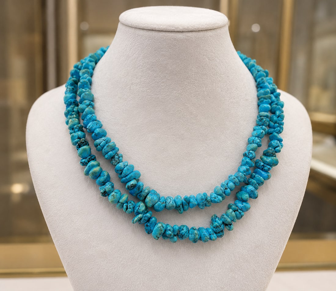 Lot of two necklaces of natural Chinese turquoise: Natural Chinese turquoise. Lot consisting of two vintage blue-green turquoise necklaces, made up of 12mm natural baroque-shaped stones. Mid-20th century. Length: 58 cm each. Total weight: 108 grams.
