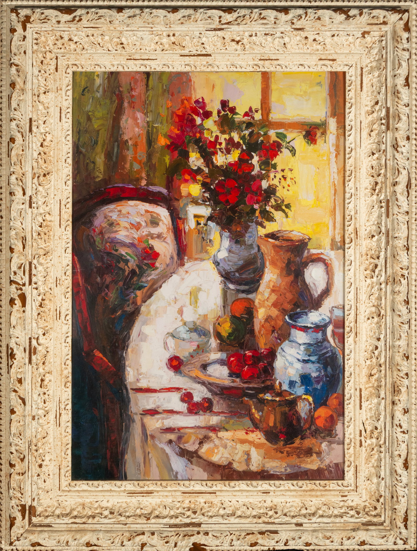19th century Impressionist still life with wooden frame: Watercolor, wooden frame, 94 cm x 62 cm, 122 cm x 93 cm.