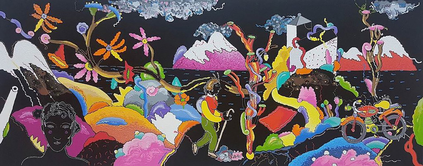 LUCA ALINARI (Florence, 1943 – 2019) – Viaggio sulla scogliera (2017): Polymaterial screen print with 50 color passages and sand, resin, and carborundum interventions. 60 × 120 cm. Signed in pencil in the lower right corner. PA copy Edition of 99 copies in Arabic numera