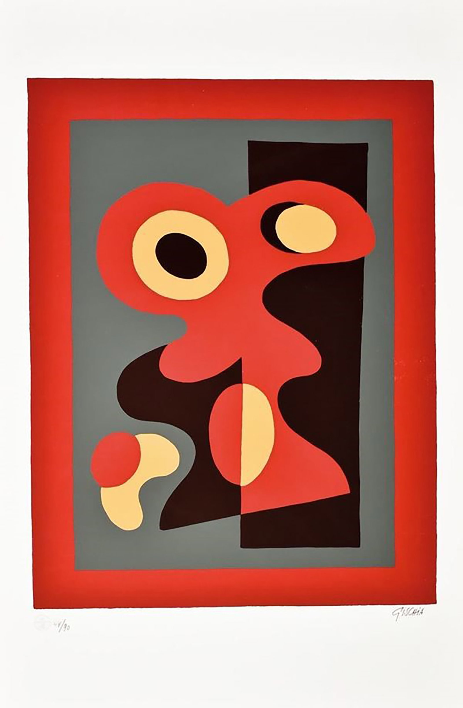 LÉON GISCHIA (Dax, 1903 – Paris, 1991) – Senza titolo (1980): Color screenprint. 85 × 56 cm. Signed in pencil in the lower right corner. Copy no. 46 of an edition of 60. Stamp in the lower left corner: STUDIO. Condition: presents some dark pinpointing around th