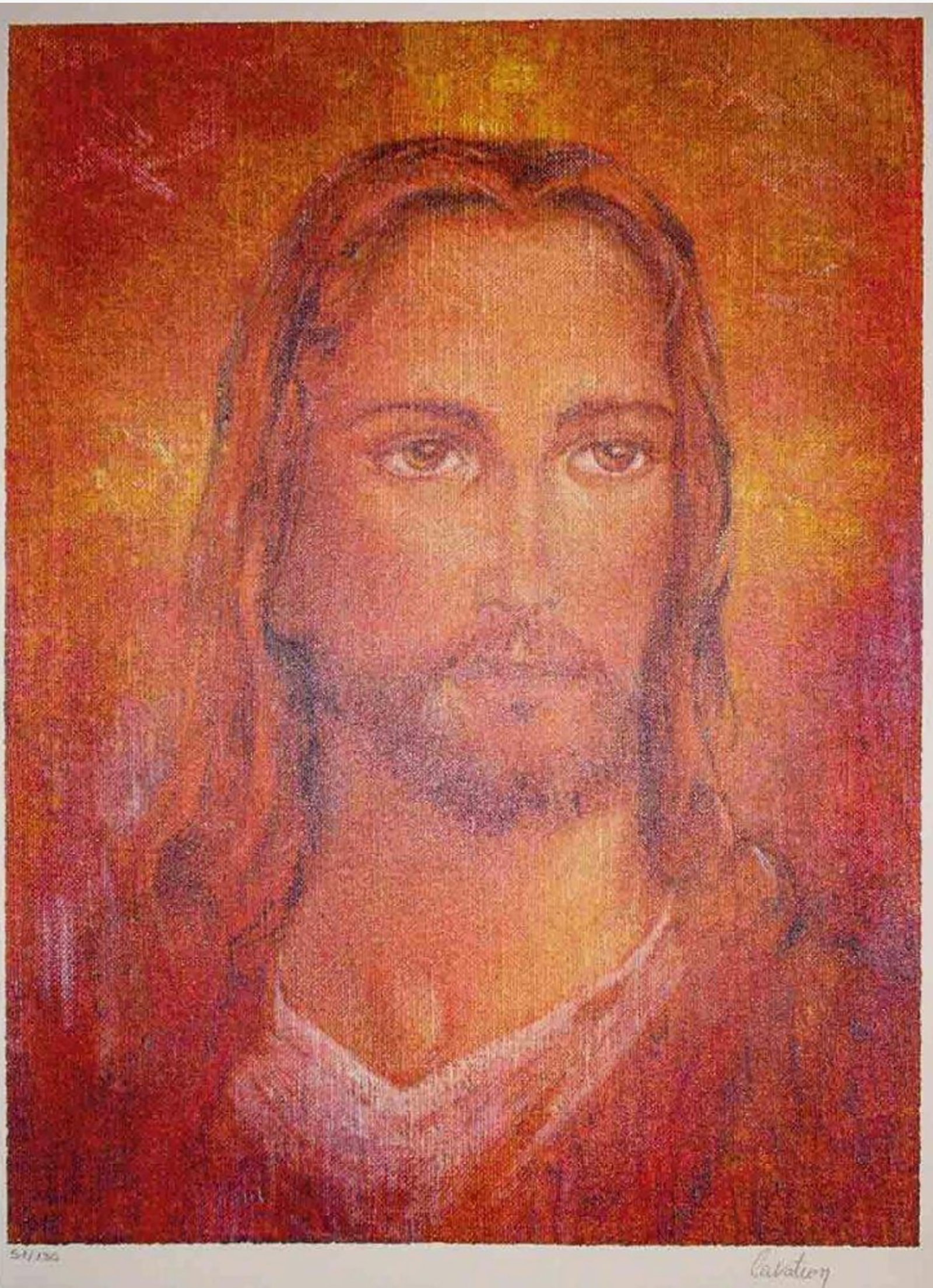 DIMER CAVATTON (San Martino di Lupari, 1946 – 2013) – Il volto di Cristo (2001): Color lithograph on high-quality paper. 26.5 × 35.5 cm. Signed in pencil in the lower left corner. Copy 110 of an edition of 130 Arabic-numbered copies. Bibliography: Selected work for the cover of t