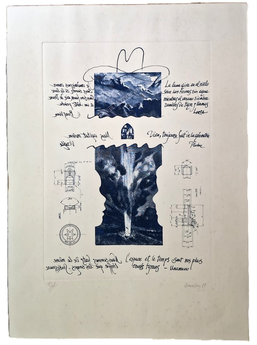 MIGUEL BERROCAL (Villanueva de Algaidas, 1933 – Antequera, 2006) – Tribute to G. Lorca (1987): Etching on reinforced paper. 70 × 50 cm. Signed and dated in pencil in the lower right corner. EA edition of 100 Arabic-numbered copies. High-quality work in good condition, with occasional light oxi