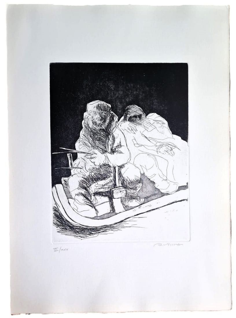 AUGUSTO MURER (Falcade, 1922 – Padua, 1985) – Ghe rivarem a baita? (1975) I: Etching on paper. 54 × 39 cm (plate dimensions: 34 × 25 cm). Signed in pencil in the lower right corner. Copy VIII of an edition of 25 copies in Roman numerals and 75 in Arabic numerals. The work is