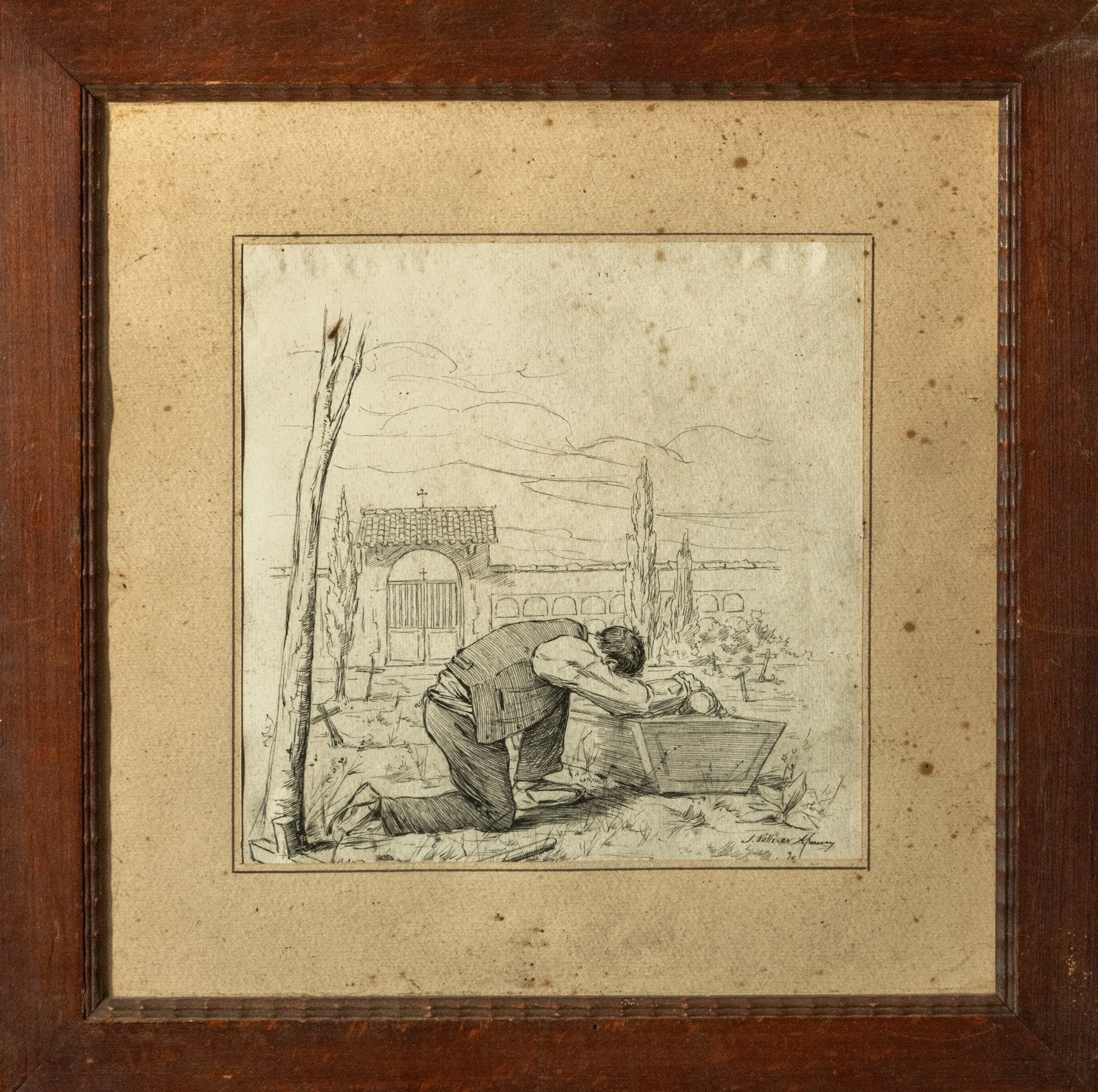 The Rest. Signed J. Pallisé. Catalan School. 20th Century.: Pen drawing on paper. Measurements: 18 x 17 cm. The scene unfolds inside a cemetery, where a man kneels before a coffin with his head bowed over the lid, conveying deep sorrow and contemplation. The p