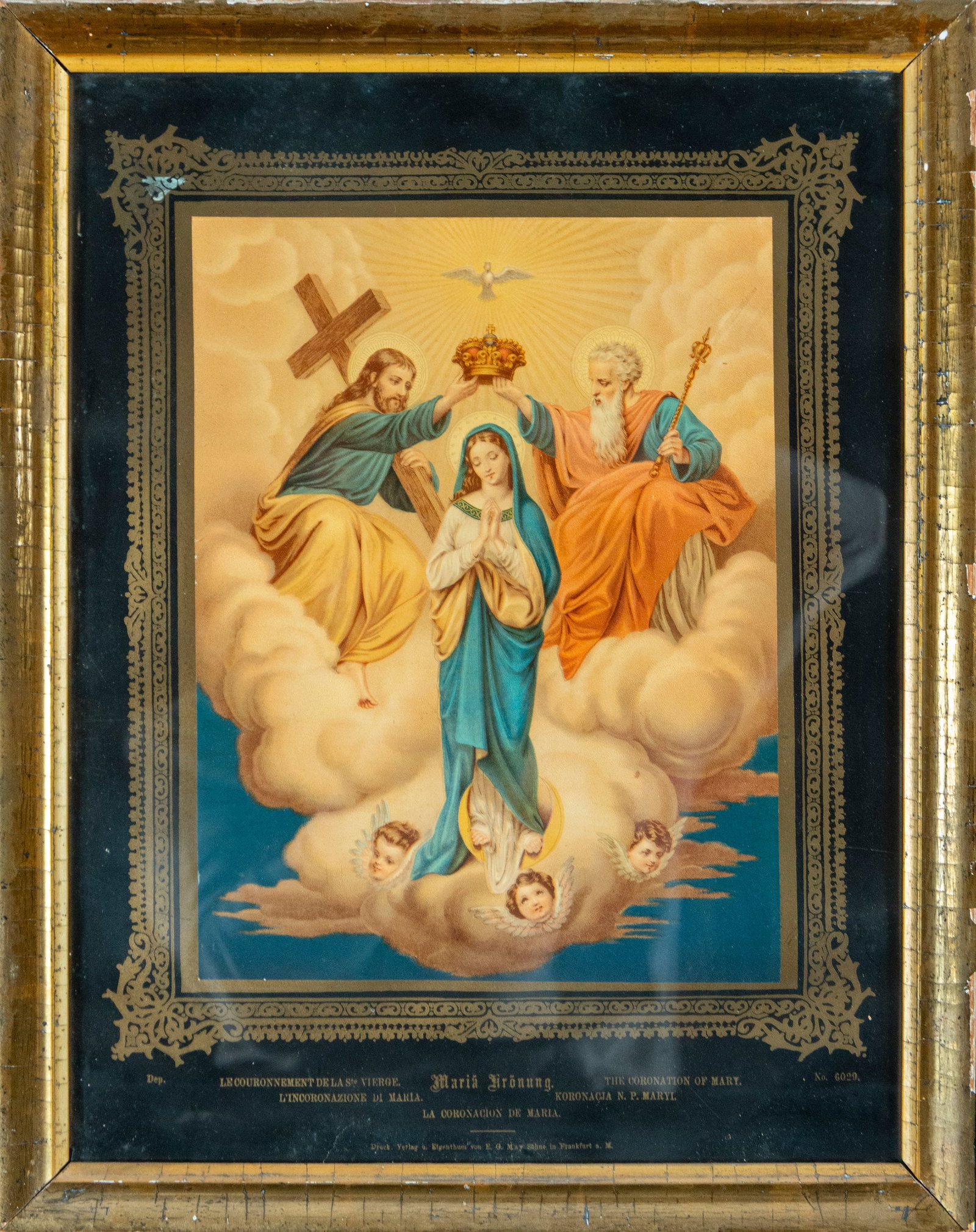 Colored engraving on paper of the Virgin Jesus Christ and the Eternal Father, 19th-20th century: 37 cm x 26 cm and 49 cm x 39 cm