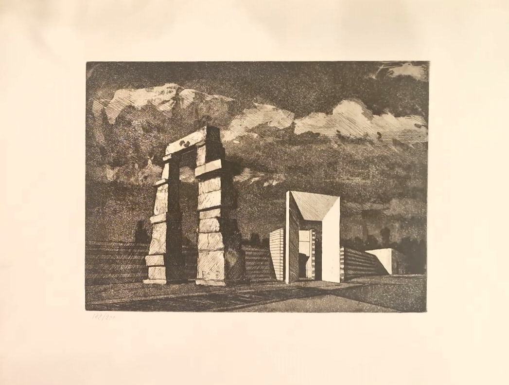 NICOLA ZAMBONI (Bologna, 1943) Senza titolo, 1974: Etching on Fabriano paper. Sheet dimensions: 50 × 70 cm. Plate dimensions: 30 × 41 cm. Signed in the lower right corner. Copy no. 182 of an edition of 200. This print was created using the etching t