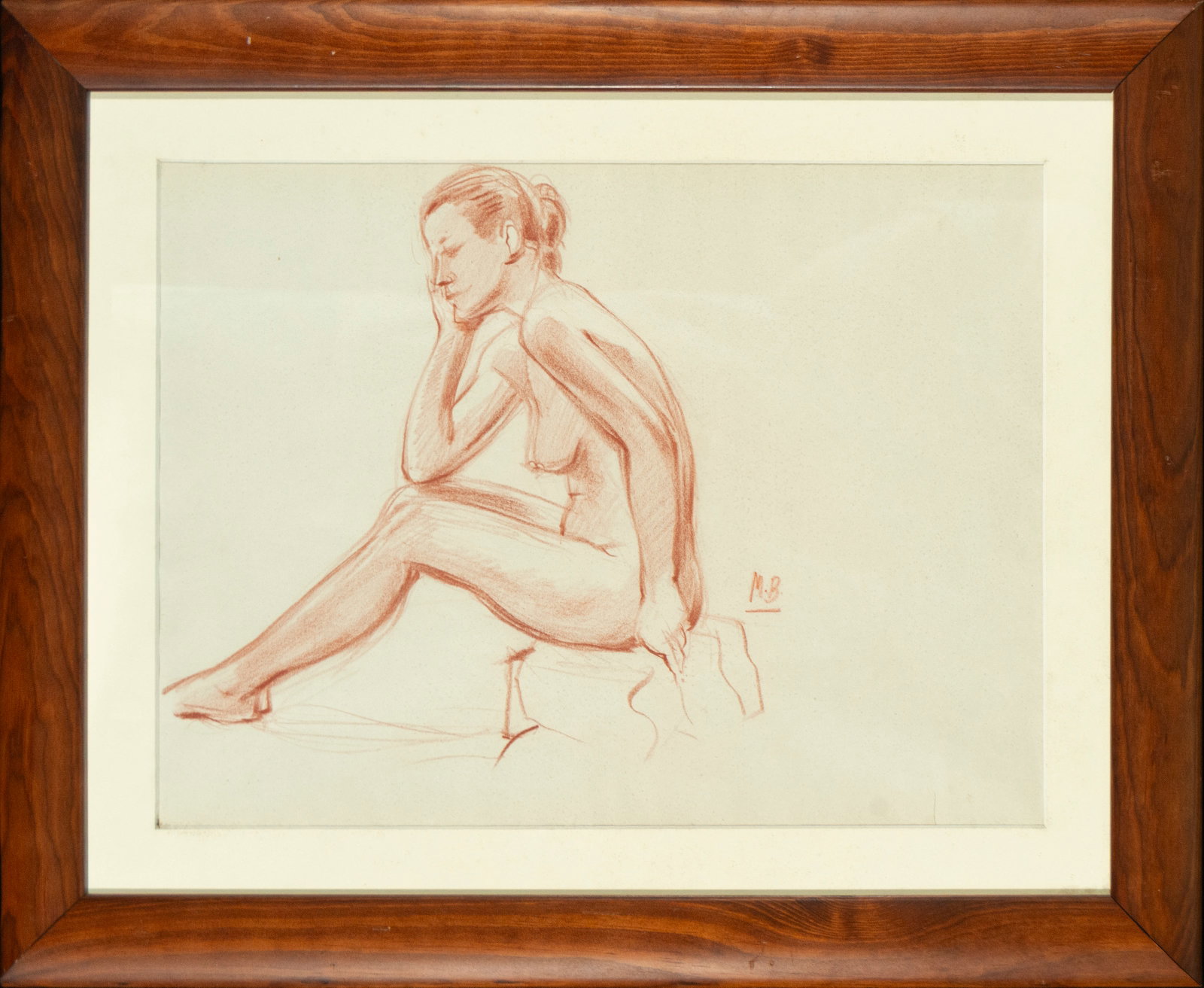 Female Nude, Signed MB Spanish School. 20th Century: Sanguine on paper. Dimensions: 39 x 29 cm. Nude female figure in an introspective attitude, drawn with a forceful line. An anatomical study that emphasizes proportion and volume, within the academic d