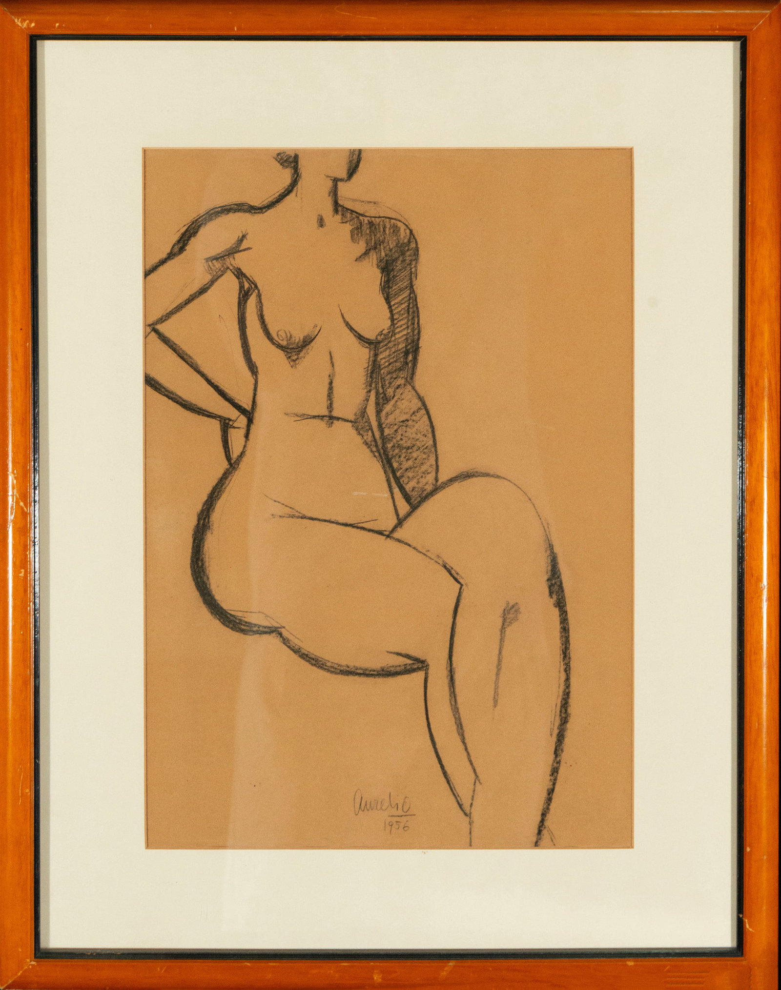 Female Nude, signed Aurelio. Spanish School. 20th Century: Charcoal on sepia paper. Dimensions: 42 x 29 cm. Female torso depicted with bold lines. Sculptural volume created through contrasts of light and shadow. Signed 'Aurelio 1976', a striking example of th