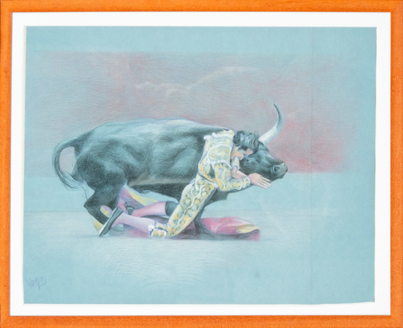 Chalk and watercolor drawing of the bullfighter Esdras Serna's goring (1 of 5)