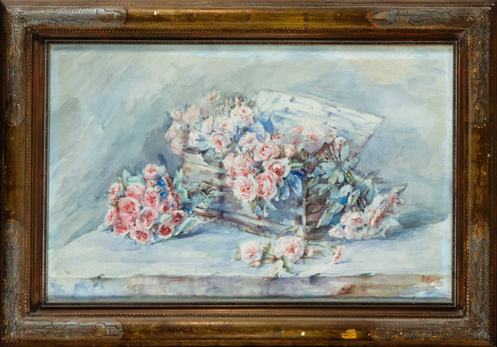 Watercolor still life of flowers possibly Argentine painter, A Morlas: 59 cm x 37 cm