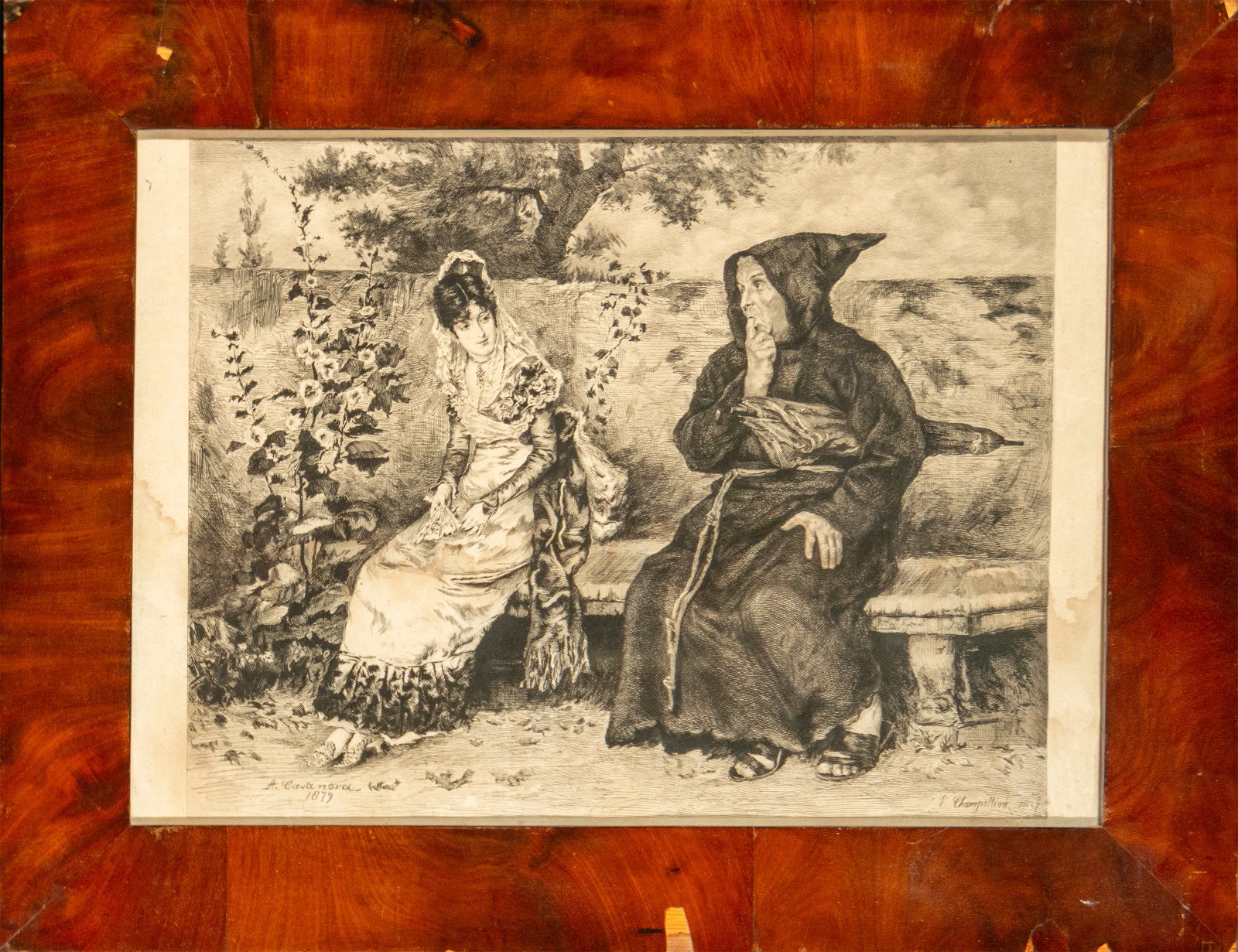 Scene with figures. Signed. Spanish School, 19th Century: Pen and ink drawing on paper. Dimensions: 51 x 39 cm and 66 x 53 cm. A narrative composition depicting two seated figures in a natural setting, rendered through elaborate line work and shading that le