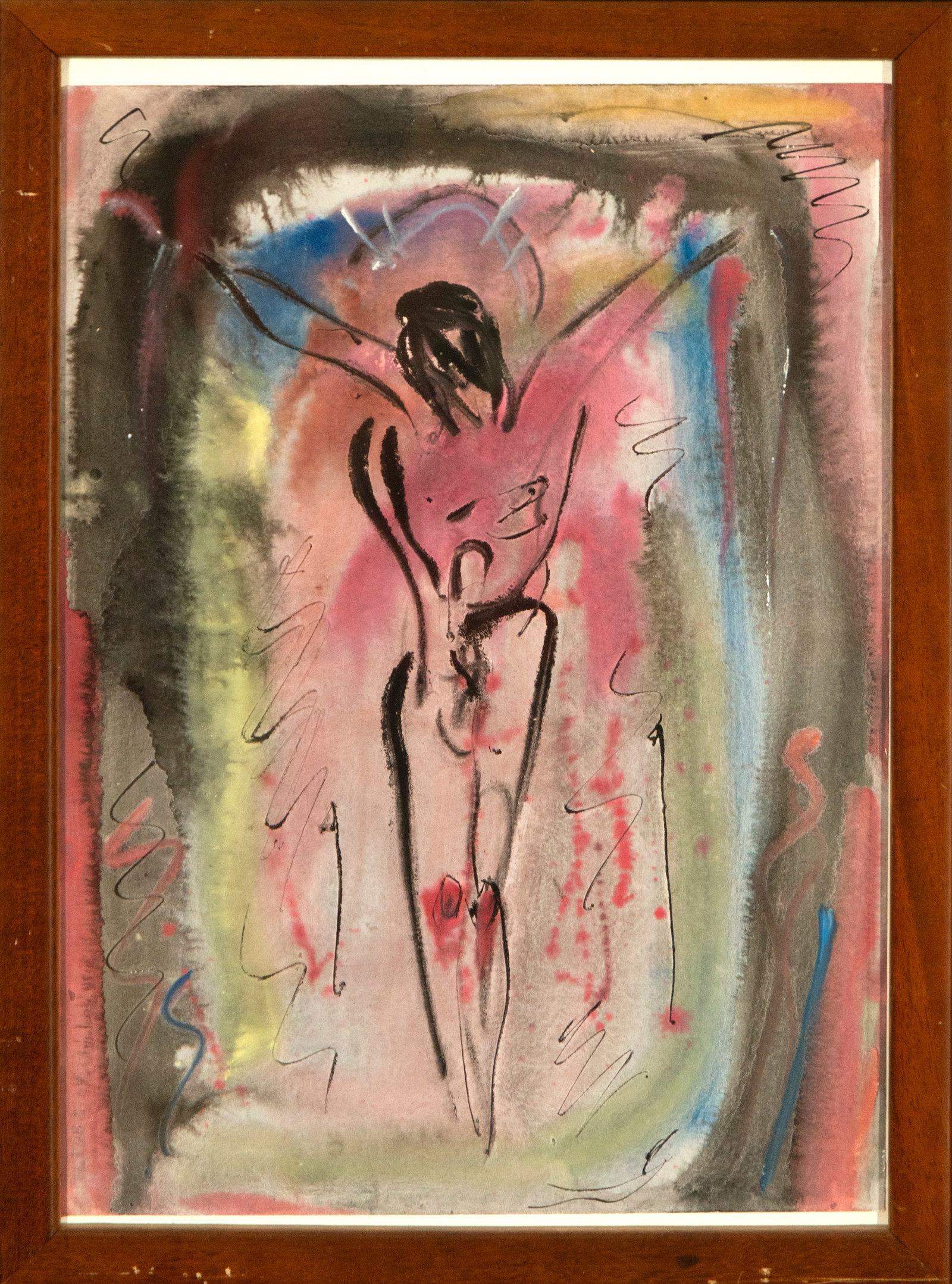 Christ crucified. Signed Serna Ramos. Spanish School. 20th century: Mixed media on paper (gouache). Dimensions: 48 x 33 cm (54 x 37 cm with frame). A schematic figure of Christ on the cross, outlined with expressive black strokes against a vibrant chromatic field of p