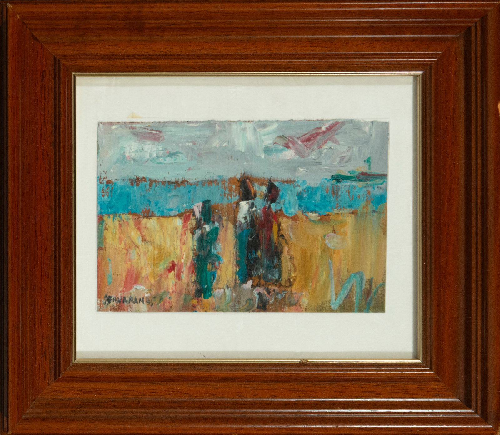 Beach scene. Serna Ramos. Spanish School. 20th century: Oil on paper. Dimensions: 18 x 13 cm (32 x 29 cm with frame). A schematic representation of human figures on a beach, rendered with loose brushstrokes and energetic impasto that suggest movement and s