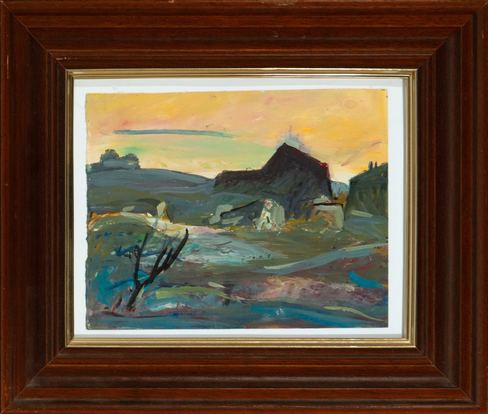 Mountain landscape. Serna Ramos. Spanish School. 20th century: Oil on paper. Dimensions: 18 x 13 cm (32 x 29 cm with frame). A rugged landscape with buildings in shadow, silhouetted against a warm-toned sky. The quick brushstrokes and open composition accentuate 