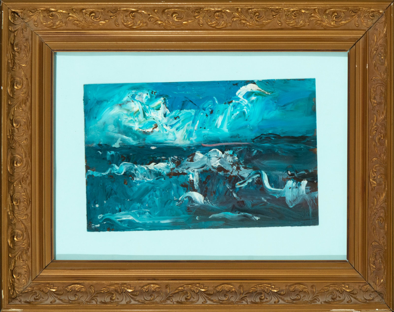 Sea in Blue. Serna Ramos. Spanish School. 20th Century: Oil on panel. Dimensions: 13 x 22 cm (35 x 44 cm with frame). A marine composition dominated by blue and green tones, with dynamic brushstrokes that structure the surface into vibrant planes. White pa