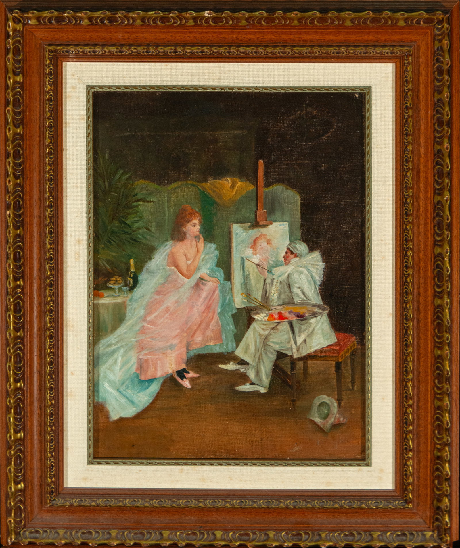 The Painter and the Model, Signed Antonio Conejo, Spanish School, 20th Century: Watercolor on paper. Measurement: 47 x 34 cm. Interior scene in an artist’s studio, featuring a female model posing semi-nude before a painter at work. The setting, enriched with elements such as a 