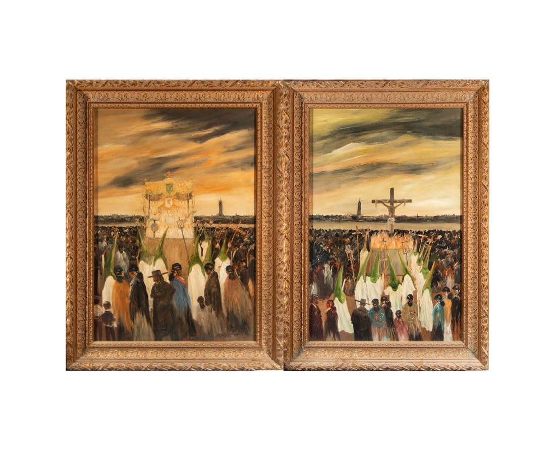 Pair of Holy Week processions, 20th century Spanish school, signed María Ramos: Pair of oil paintings on tablex, tablex measures: 100 x 70, framed measures: 120 x 89 cm