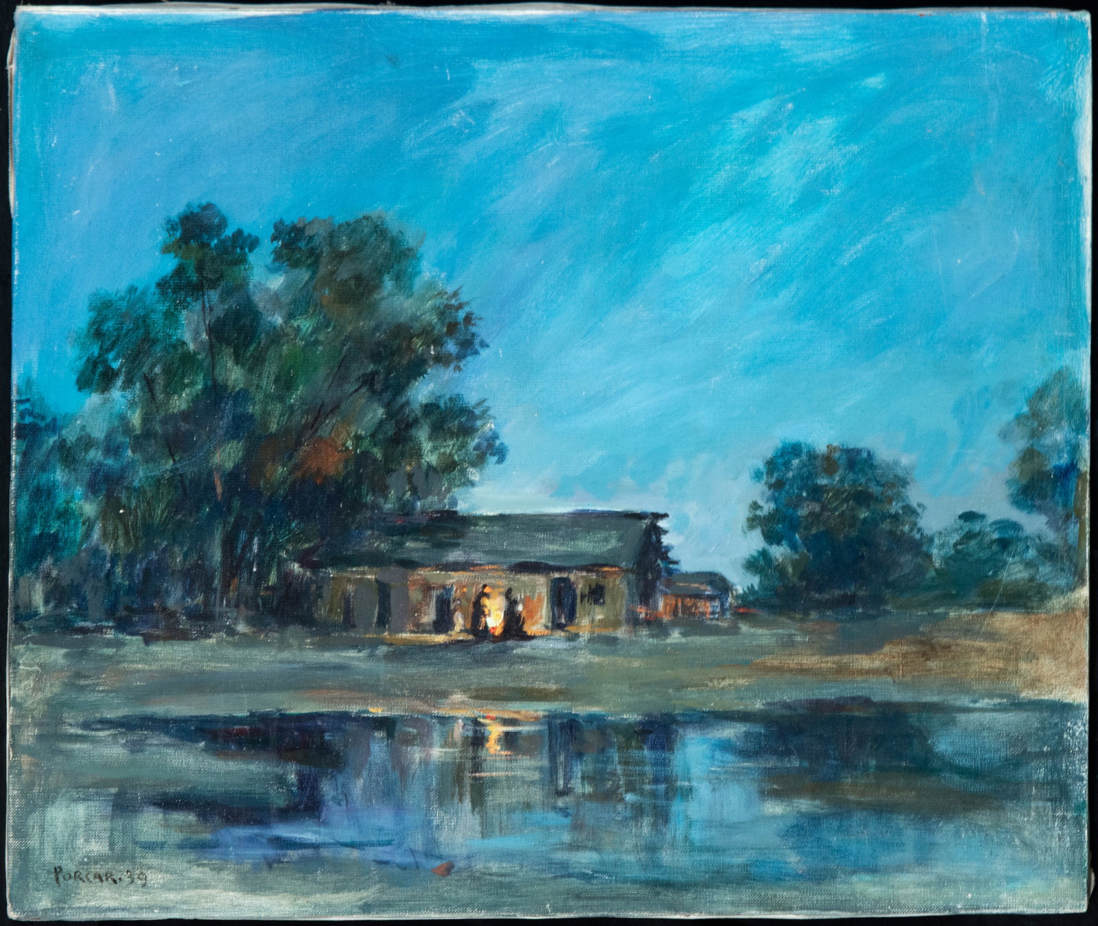 Porcar. Spanish School. 1939.: Oil on canvas. Dimensions: 61 x 50 cm. Sunset landscape with a country house reflected in the water, dominated by blue and ochre tones. The Impressionist brushstrokes and the warm twilight light evoke