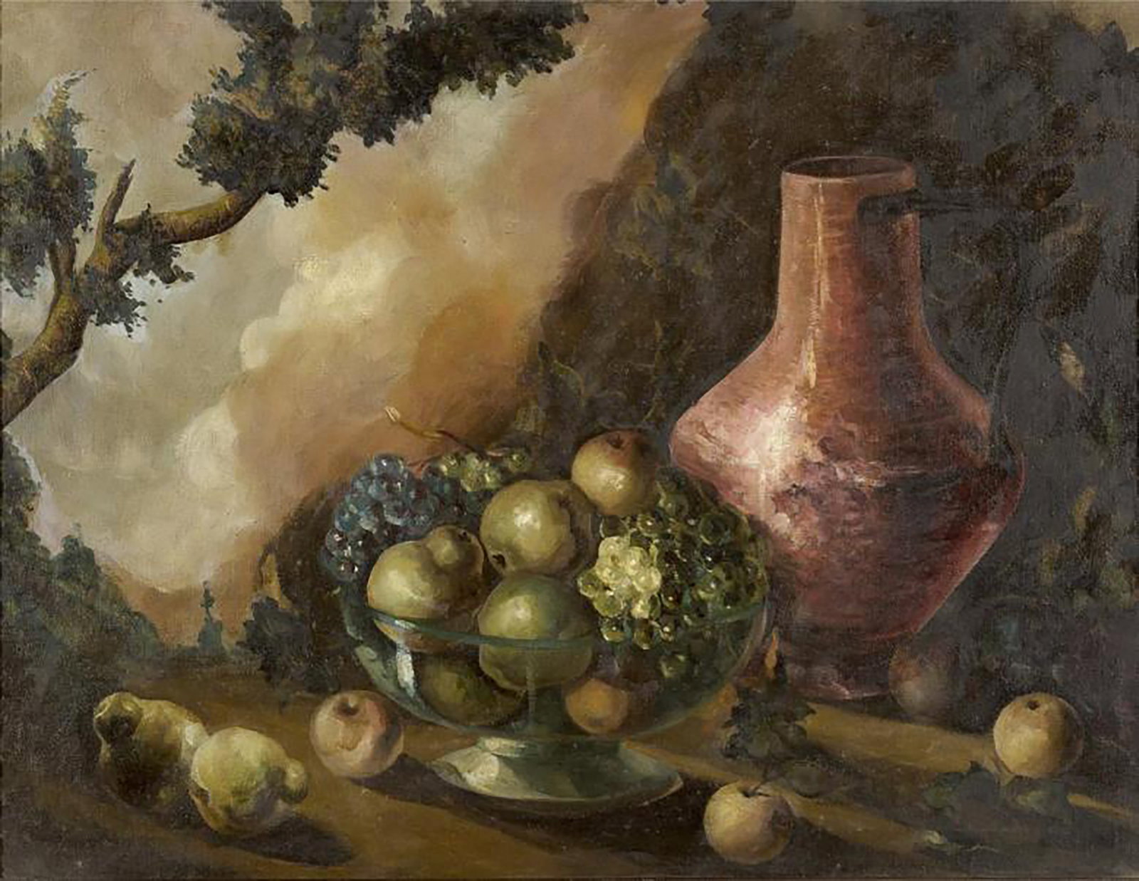 Still life with fruit and copper jug, Spanish School, 19th century: Oil on canvas. Dimensions: 59 x 77 cm. Still life composed of a glass overflowing with grapes and pears, accompanied by a large copper jug, placed on a table against an open landscape and a rocky arch