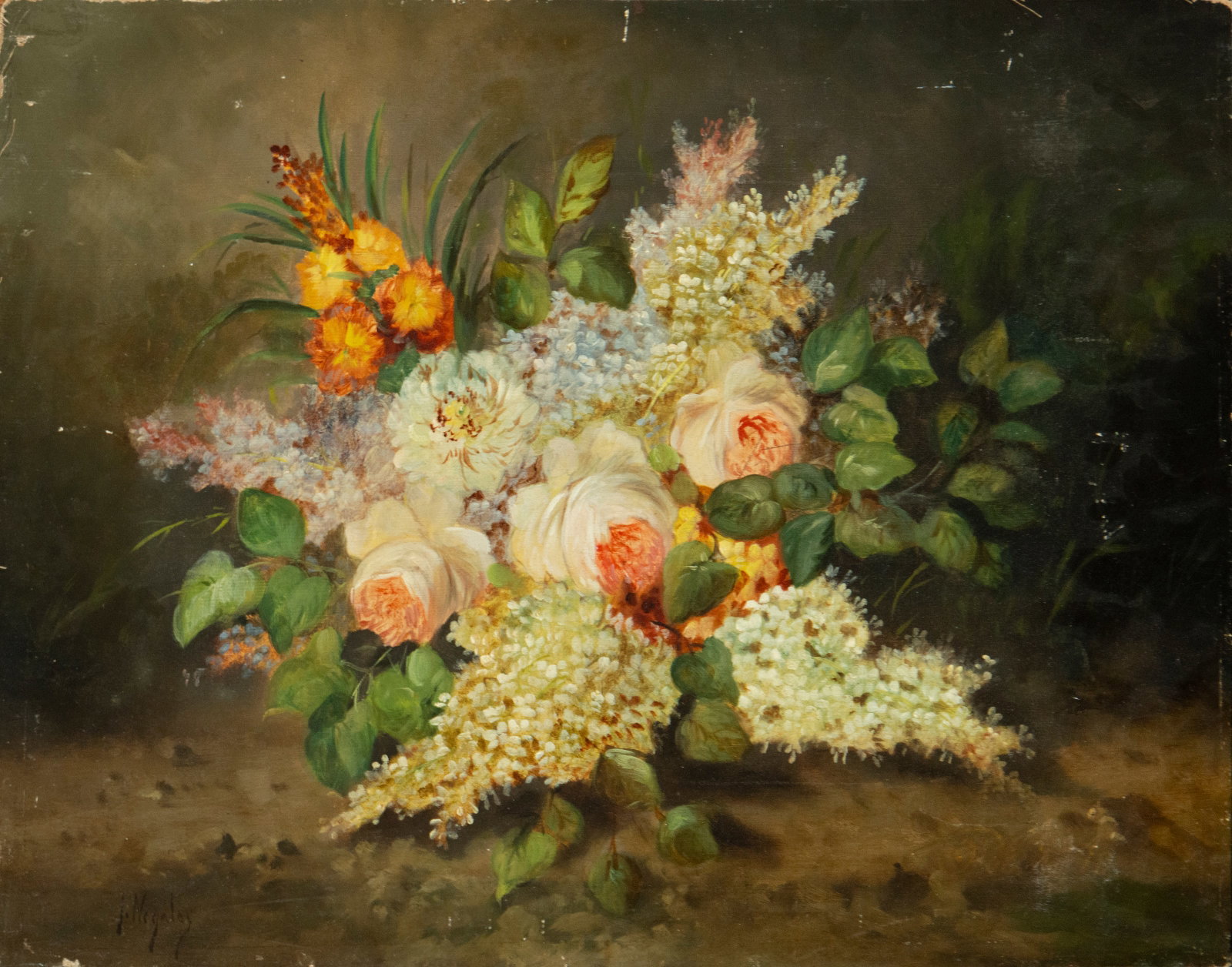 Flower arrangement. Antique and 19th-century painting, José Nogales Sevilla (1860–1939).: Oil on canvas glued to a board, 48.5 x 64 cm, Signed.
