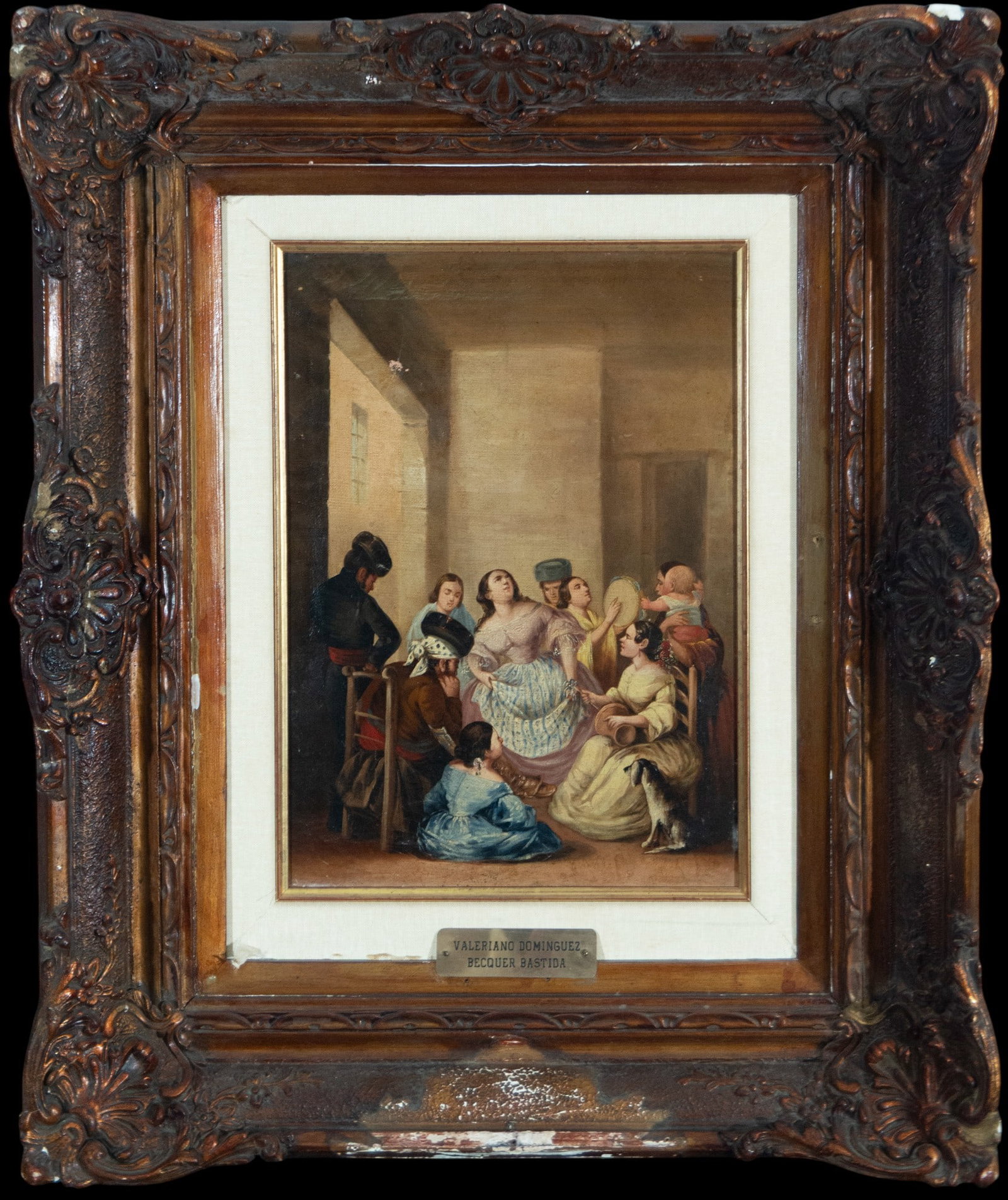The Jarana. Valeriano Domínguez Bécquer. Seville School. 19th Century: Oil on canvas. Dimensions: 41 x 29 cm. The scene depicts a lively group of people inside a room, celebrating. Women dressed in traditional costumes sing and dance while several men, including soldiers