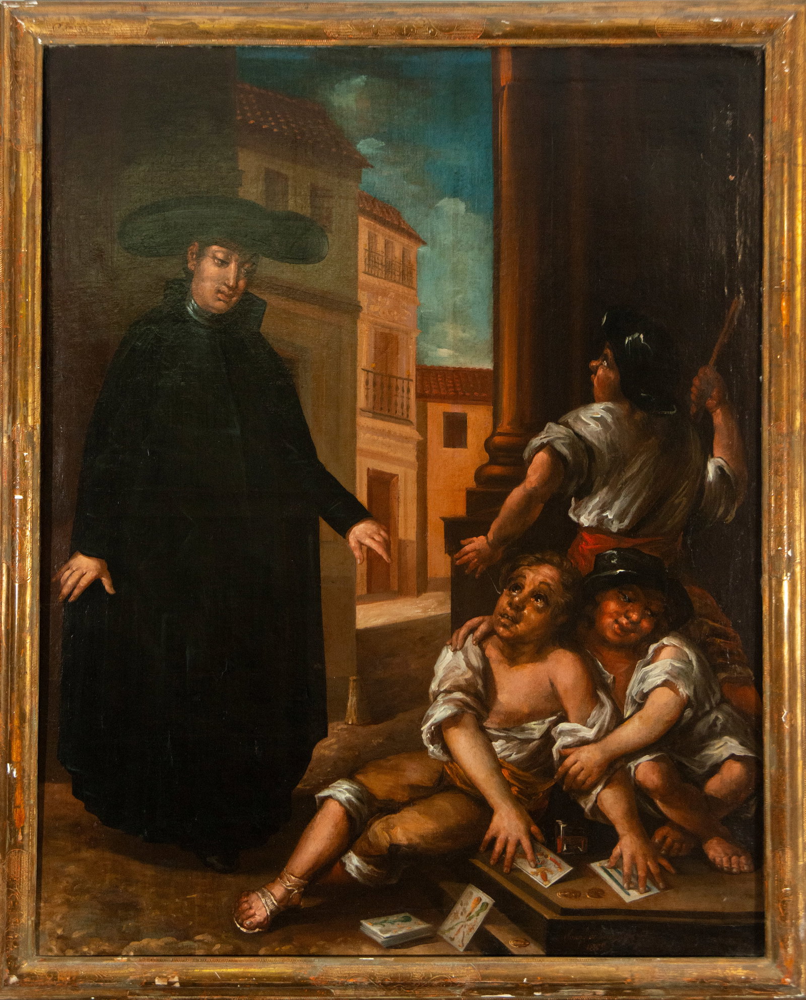 Playing cards. Signed. Colonial School. 19th century: Oil on canvas. Dimensions: 100 x 127 cm. The work depicts an urban scene where a group of half-naked children are playing cards on the ground, watched by a priest dressed in black who extends his hand