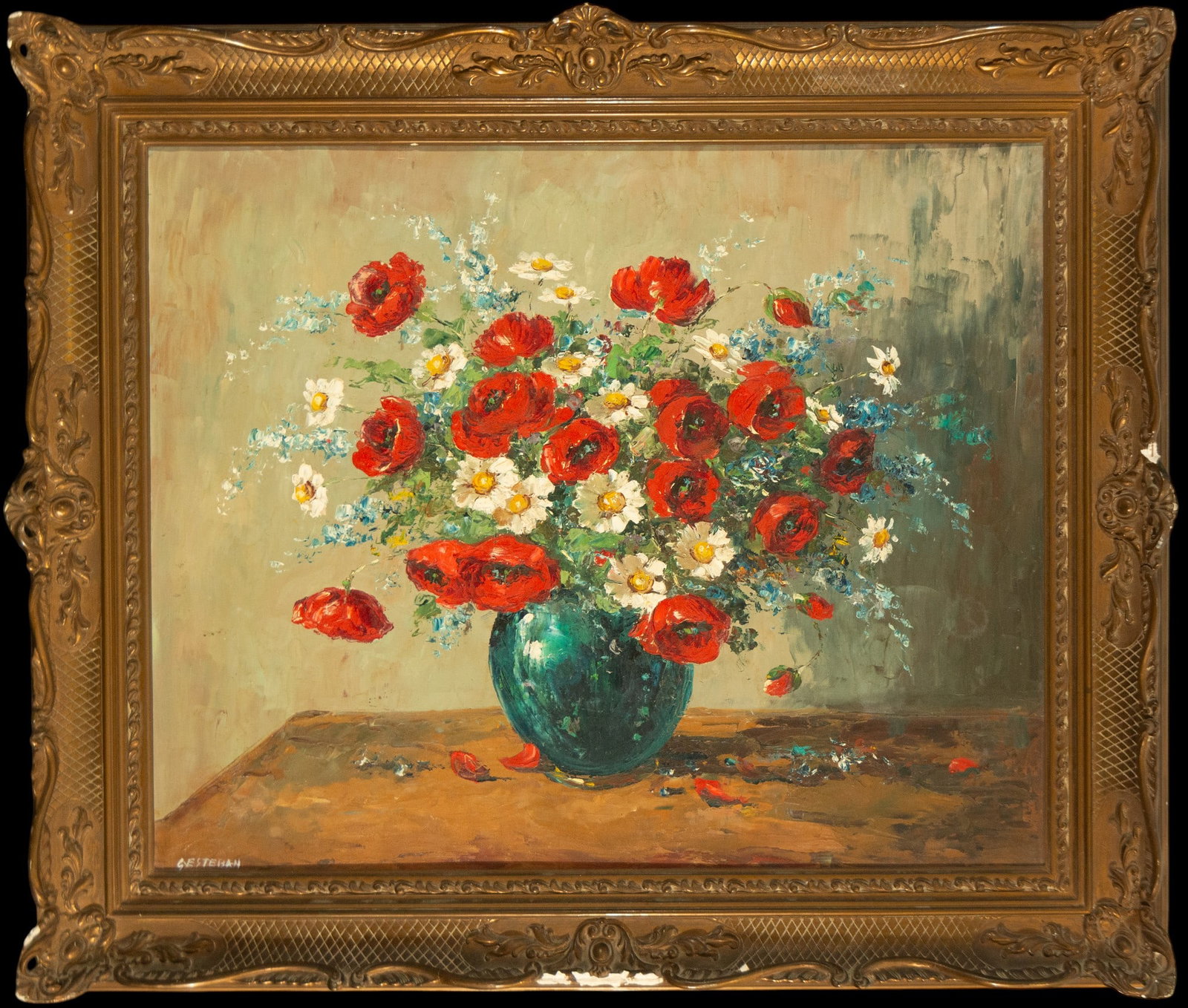 Vase of Poppies and Daisies. Signed G. Esteban. Spanish School. 20th Century: Oil on canvas. Dimensions: 60 x 73 cm. The painting features a green vase on a table with a lush bouquet of red poppies and white daisies, accompanied by light blue branches that provide chromatic fre