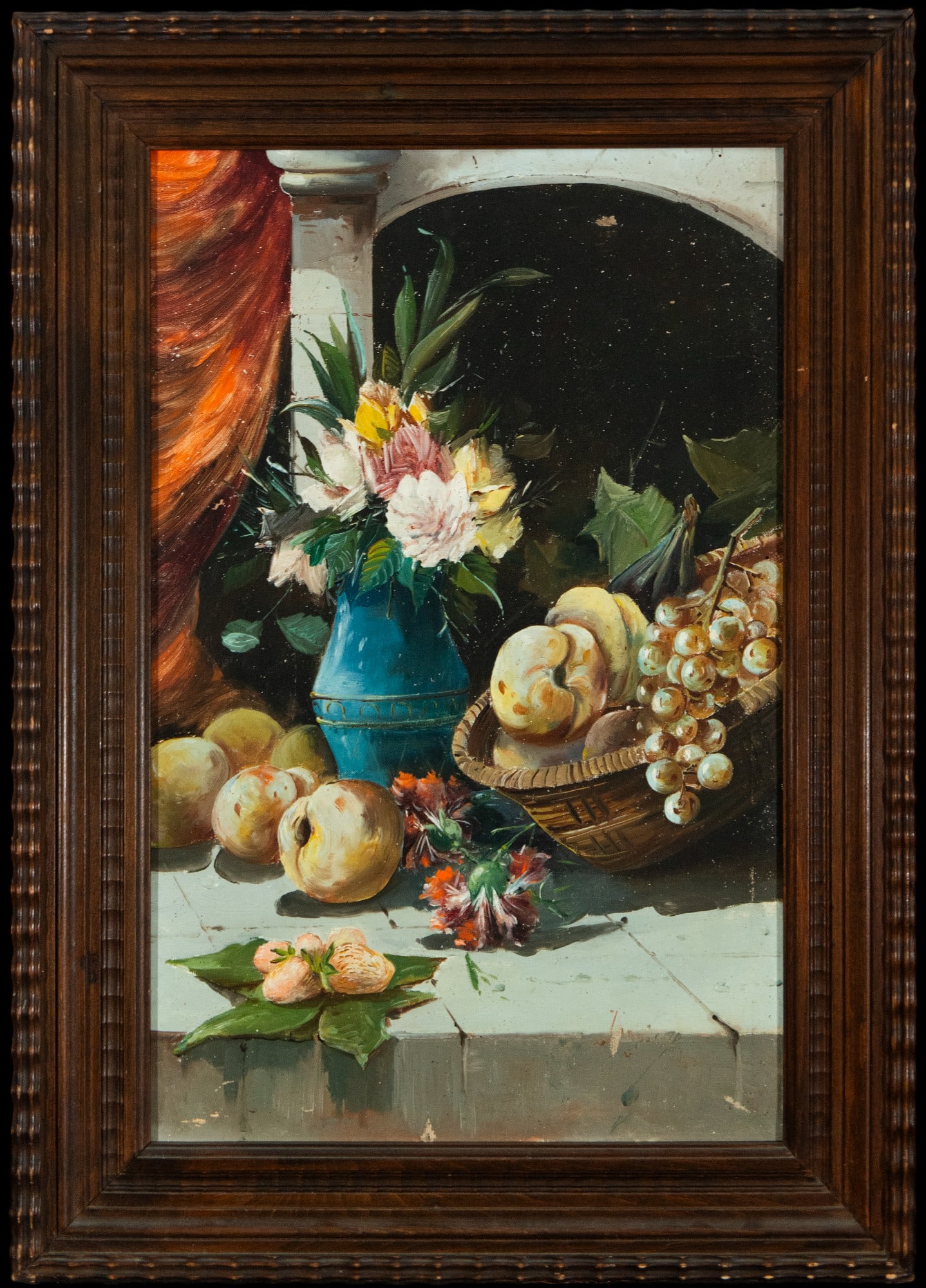 Still Life with Flowers and Fruit. Signed José Mª Jardines. Spanish School. 19th Century: Oil on canvas. Dimensions: 71 x 44.5 cm. In the foreground, a basket of grapes and peaches and a bouquet of flowers in a blue vase are displayed on a stone table against a shadowy architectural backgr