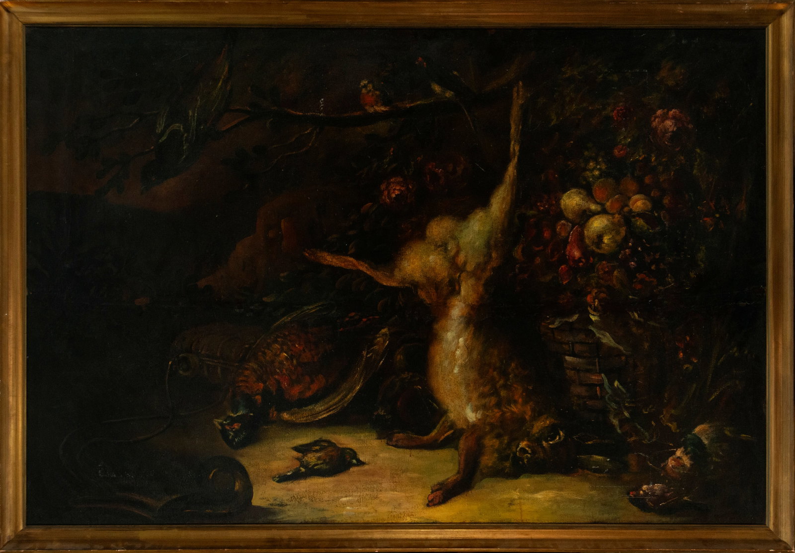 Still Life, European School, 19th Century: Oil on canvas. Dimensions: 109 x 163.5 cm. A large Baroque composition featuring a still life of game and fruit: a rabbit hanging in the foreground, birds arranged on the ground, and a basket of fruit